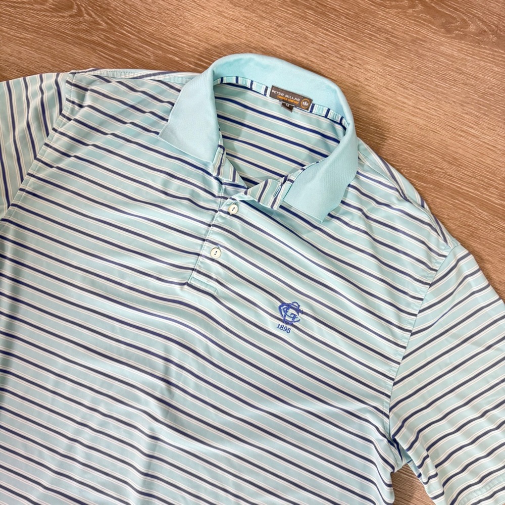 Peter Millar Polo Shirt Mens Medium Blue Striped Summer Comfort Golf Club Logo